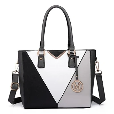Afbeelding van Miss Lulu V vormige schoudertas Lederlook Lichtgewicht Medium Voor dames, Zwart/Grijs