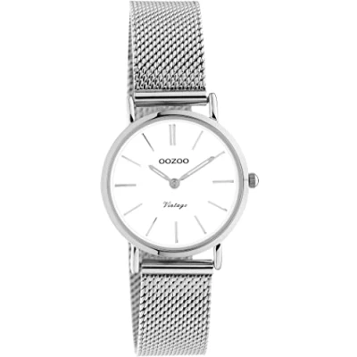 Afbeelding van Oozoo Vintage dameshorloge met 14 mm mesh armband, rond analoog dameshorloge, Zilver/Wit, Armband