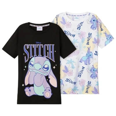 Afbeelding van Disney Stitch T shirt met ronde hals, schattig en comfortabel, 2 stuks, Zwart/Wit