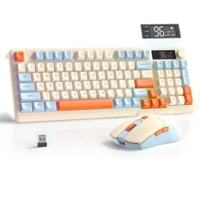 Image de FREEWOLF T96 Clavier et Souris Sans Fil, Bluetooth &amp; 2,4G, Touches PBT, Molette Multimédia, Écran LCD, Silencieux, Anti Ghosting, QWERTY American layout, Rechargeable, pour Mac/Windows Myrtille