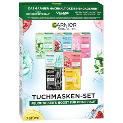 Image de Garnier Lot de 7 masques faciaux Pour tous les types peau peaux sèches à normales Formule végétalienne l&#039;acide hyaluronique Hydra Bomb et Nutri x 28 g