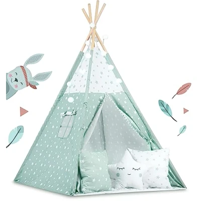 Afbeelding van Nukido Tipi tent voor kinderen, slinger en kussen, tent, kindertent, speelhuis, kinderhuis, kindertent binnen buiten