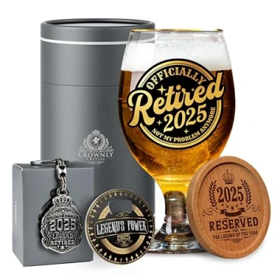 Afbeelding van CROWNLY CRYSTAL® 2025 Mannen Pensioen Cadeau Bierglas Gepersonaliseerd Vertrek Collega Werk Origineel
