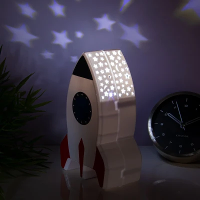 Afbeelding van Nacht lamp op batterijen / Raket nachtlamp met sterprojector projector 15 x 9.5 5,5 cm sterren projectie nachtlampje kinderkamer