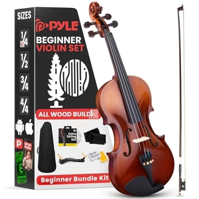 Image de Pyle Kit de Démarrage pour Violon Débutant Taille 1/4 Enfant/Adulte Ensemble Départ avec Étui Transport, Cordes Rechange, Accordeur Numérique, Repose Épaule et Chiffon Nettoyage