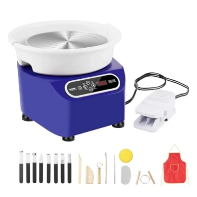 Image de VEVOR Roue de Poterie Tour Potier 280 mm 450 W avec Pédale et Tablier Bleu