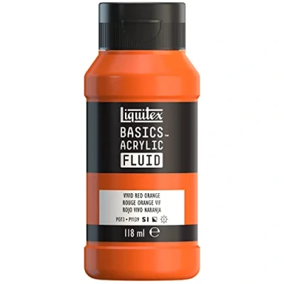 Afbeelding van Liquitex Basics Fluid Acrylverf met vloeibare consistentie, sneldrogend, lichtecht, waterdicht, op waterbasis, 118 ml fles, helder rood oranje