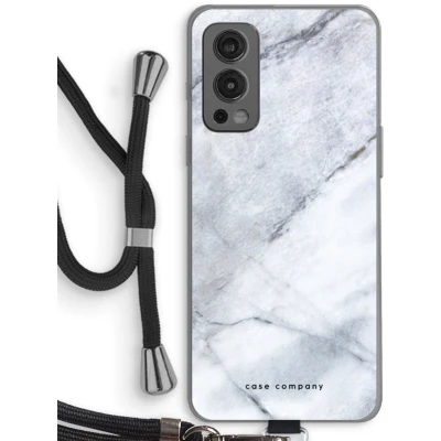 Afbeelding van Case Company® hoesje met Koord geschikt voor OnePlus Nord 2 5G Witte marmer Telefoonhoesje Zwart Bescherming aan alle Kanten en Over de Schermrand