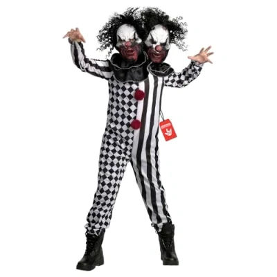 Afbeelding van Morph tweekoppige clown kostuum jongens, Halloween kostuums kinderen, killer enge L