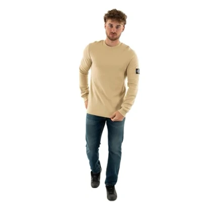 Image de Calvin Klein Jeans T shirt basique à manches longues pour homme Badge Waffle, Kaki pâle, XXS