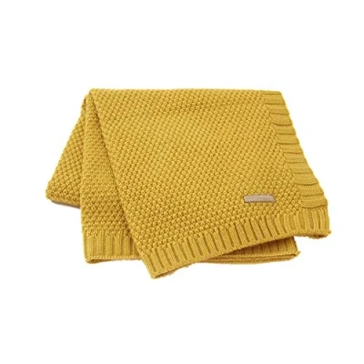 Afbeelding van Gebreide deken voor baby&#039;s, jongens, meisjes, eenvoudig, ultrazacht en wollig, vierkante inbakerdeken, kinderwagen of babybed, beddengoedset (80 x 100 cm, donkergeel)