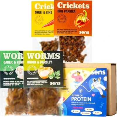 Afbeelding van SENS Eetbare insecten, Party Mix snack, Manilla&#039;s en geroosterde maaltijdwormen voor mensen, knapperige rijk aan eiwitten, cadeau idee