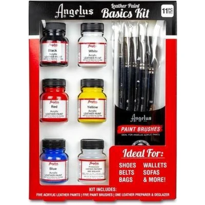 Afbeelding van Angelus Basis Set voor leer verven Cadeauverpakking Leerverf + Penselen 5 kleuren