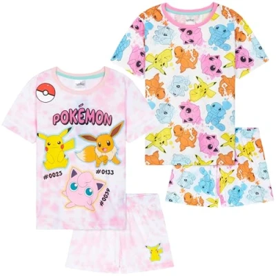 Afbeelding van Get Trend Set van 2 pyjama&#039;s voor meisjes, pyjama, shorts, zomer, korte nachtkleding kinderen of jongeren, cadeau Multi Pokemon, 9 10 jaar