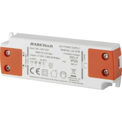 Afbeelding van Basetech LD 12 20 LED transformator Constante spanning W 1.66 A Geschikt voor meubels, Overspanning, Montage op ontvlambare oppervlakken 1 stuk(s)