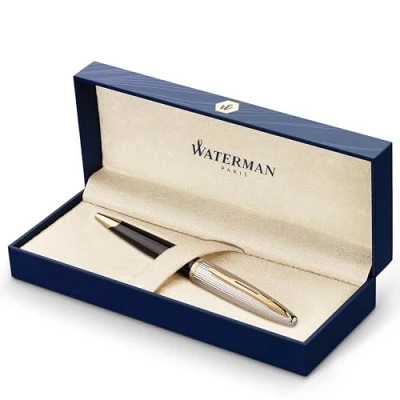 Afbeelding van Waterman Carène Deluxe Vulpen (hoogglanzend zwart met zilveren plating en clip van 23 karaats goud, pendikte F, blauwe inkt, geschenkdoos