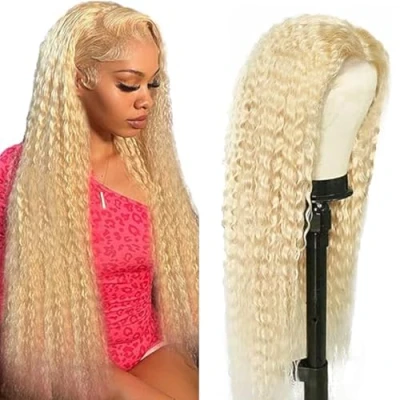 Afbeelding van Tuheerst Blonde Human Hair Pruik Curly Wave voor dames, echt haar, 4 x 4#613, Zwitserse kant, 100% onbewerkt, Braziliaans Remy geen geur 55 cm