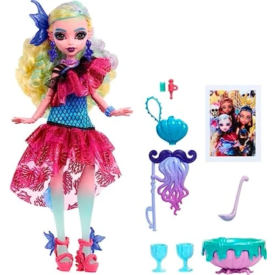 Afbeelding van Monster High Ball Lagoona pop in feestjurk met thema accessoires, inclusief ballonnen en punchschaal