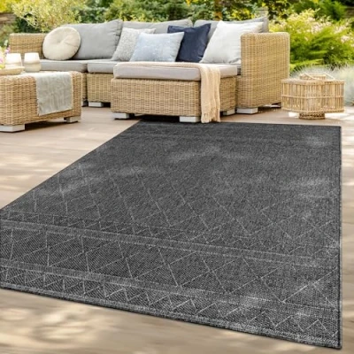 Afbeelding van TT Home Vloerkleed voor buiten, terras, camber, keuken, balkon, modern diamantmotief, Boheems geometrisch motief, kleur: donkergrijs 2, afmetingen: 80 cm rond