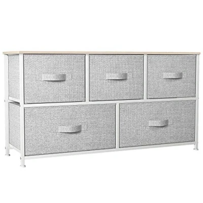 Afbeelding van YITAHOME commode voor slaapkamer, met 5 laden, van stof, opbergkast houten bovenkant en grote opbergruimte, woonkamer, kinderkamer, lichtgrijs