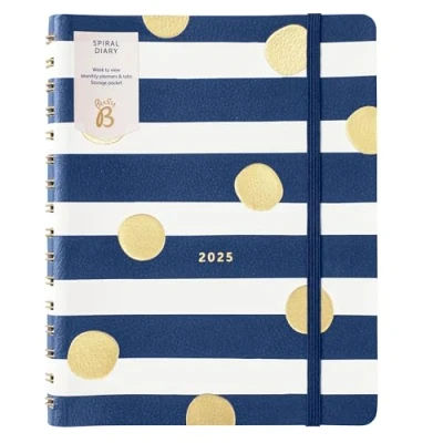 Afbeelding van Busy B Weekplanner 2025, spiraalbinding, kunstlederen omslag met marineblauwe strepen en gouden stippen, wekelijkse lay out, notities, maandplanner tabbladen, opbergvak