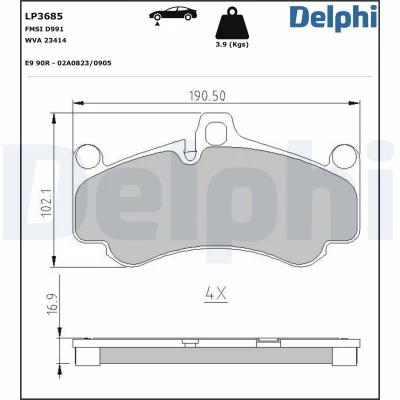 Afbeelding van DELPHI LP3685 Remblokkenset Geschikt voor slijtage waarschuwingscontact Met anti kreukplaat Zonder toebehoren PORSCHE: 911 Coupe, Convertible