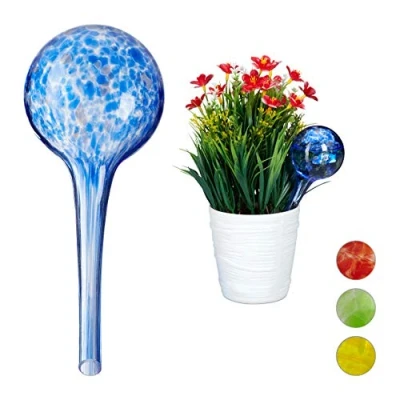 Afbeelding van Relaxdays waterdruppelaar 2 stuks glas waterbollen voor planten Ø 6 cm gekleurd blauw