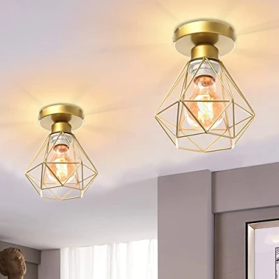 Afbeelding van iDEGU Set van 2 industriële metalen vierkante kooi plafondlamp, kroonluchter ijzeren schaduw lichtpunt E27 40 W zwart voor woonkamer slaapkamer bar (gouden mini diamant)