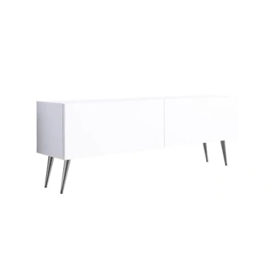 Afbeelding van Meuble TV : deux portes, étagères, Couleur blanc mat, pieds chromés, D L 140 cm, H 52 P 32 cm
