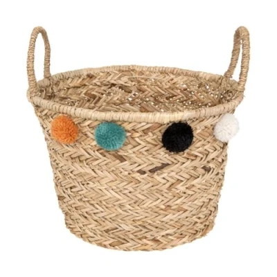 Afbeelding van Atmosphera Kids Opbergmand uit riet met pompons Ø40x26cm Beige
