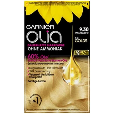 Afbeelding van Garnier permanente haarkleur zonder ammoniak met voedende en natuurlijke oliën, volledige dekking van grijs haar, Olia karamelgoud 9.30 (blond)