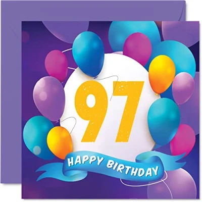 Afbeelding van verjaardagskaart voor de 97e verjaardag mannen en vrouwen ballonparty opa, oma, papa, mama, 145 mm x