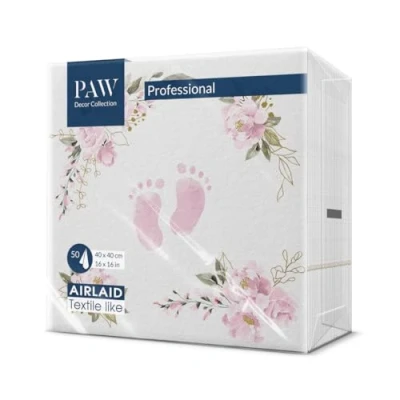 Afbeelding van PAW Serviette de Table Papier Airlaid (40 x 40 cm) I 50 Pièces Parfait pour la Communion, Confirmation, le Baptême Serviettes en Tissu Décoration Pieds Bébé Rose Clair