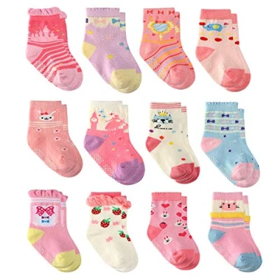 Afbeelding van 12 paar sokken voor baby&#039;s, meisjes, antislip, peuters en peuters, van katoen, prinsessen