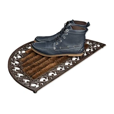 Afbeelding van Relaxdays gietijzeren deurmat met borstel voetwisser ronde entreemat h x b d: 4 72 39 cm stijl landhuis antiek antislip vloermat, brons