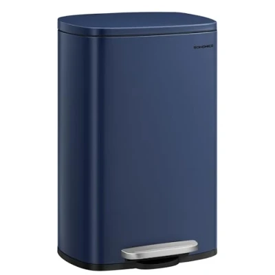 Afbeelding van SONGMICS LTB050L02 Afvalemmer voor keuken, zachte sluiting, pedaal, staal, binnenbak, 50 liter, blauw