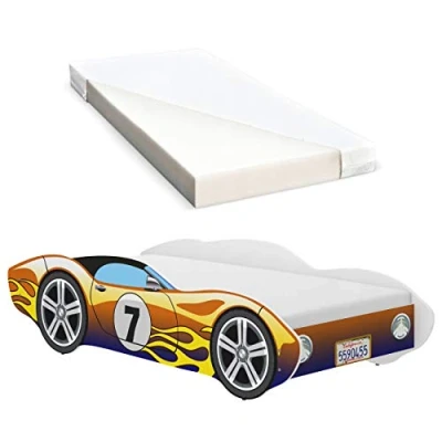 Afbeelding van iGLOBAL Kinderbed in de vorm van een auto met lattenbodem en schuimmatras 140x70 cm (kameleon)