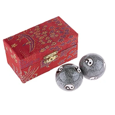 Afbeelding van lachineuse Set Qi Gong Yin Yang ballen Chinese anti stress van email diameter 40 mm Gezondheidsballen Relax Zen geschenkdoos Aziatisch artikel Japan China Rood en grijs