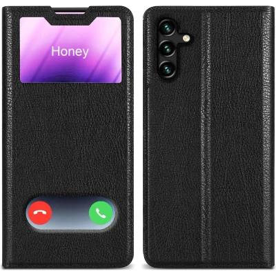 Afbeelding van Cadorabo Hoesje geschikt voor Samsung Galaxy A13 5G in KOMEET ZWART Beschermhoes met magnetische sluiting, standfunctie en 2 kijkvensters Book Case Cover Etui
