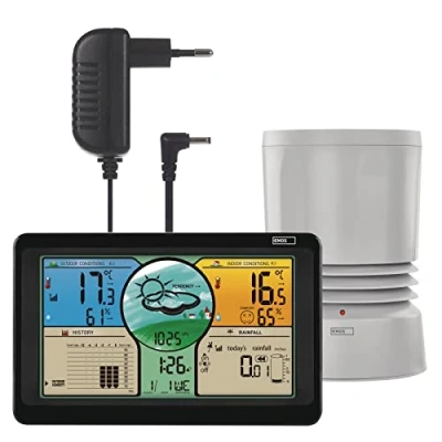 Afbeelding van EMOS Radioweerstation met kleurendisplay, buitensensor in regenmeter, temperatuur C/F, vochtigheid, weersvoorspelling, max/min aflezingen, radioklok 12/24 uur, kalender