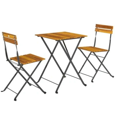 Afbeelding van Outsunny Tuinbistroset, 3 delig, tuinmeubelen voor buiten, 2 personen, met stoelen en salontafel van acaciahout staal, terrasmeubels, balkon, veranda, natuurlijk houteffect