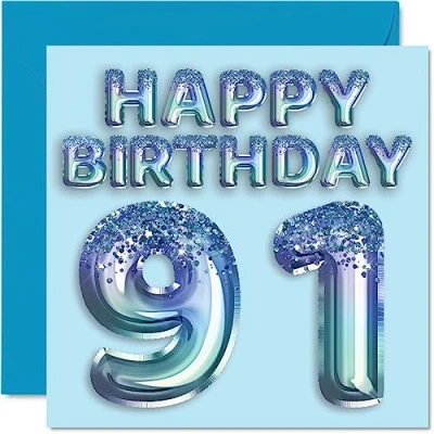 Afbeelding van Verjaardagskaart 91 jaar heren feestballon blauw glitter verjaardagskaarten voor mannen van jaar, overgrootvader, opa,