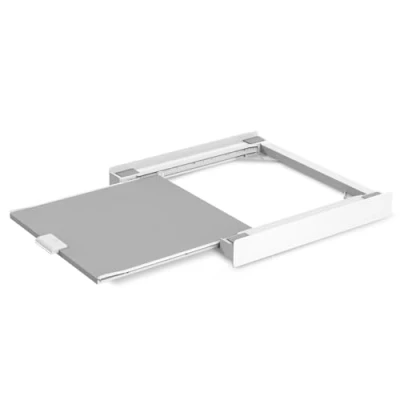 Afbeelding van Meliconi Base Torre Evo L60, overlayset voor wasmachine en droger met glijplank van melaminehout veiligheidsgordel. Wit gemaakt in Italië.