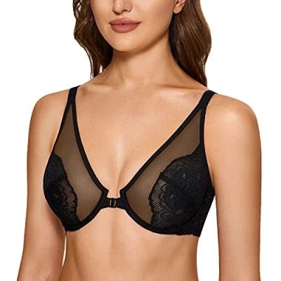 Afbeelding van DOBREVA BH met sluiting aan de voorzijde van kant, grote maat beugels, voor dames, zwart, 105E, zwart.