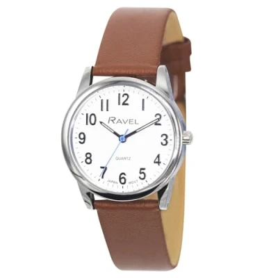 Afbeelding van Ravel PLUS Japans analoog kwartshorloge, extra lang, uniseks, armband van microvezelleer, RP, bruin/zilvertint, horlogekast 40mm