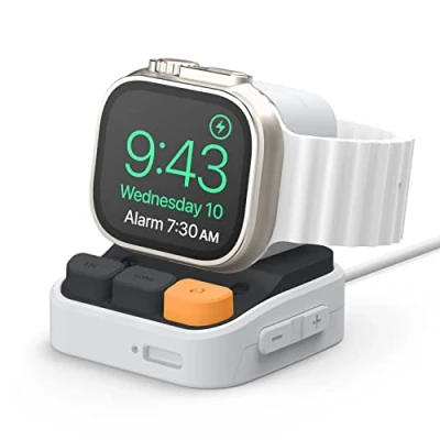 Afbeelding van elago Opladerhouder W9, compatibel met Apple Watch Ultra 2 &amp; 1/9/8/7/6/5/4/3/2/1/SE, Samsung Galaxy 7/7 Ultra, 6/6 Classic, 5/5 Pro, klassiek computerdesign, nachtmodus (grijs)