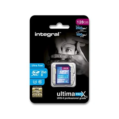 Afbeelding van Integral Kaart 128 GB UHS II V60 tot 260 MB/s lezen en 100 schrijven, SDXC geheugenkaart, professioneel, hoge snelheid