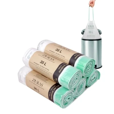 Afbeelding van ZURAS® biologisch afbreekbare vuilniszakken van 35 liter met trekkoord, 100 stuks, afbreekbaar, scheurvast en waterdicht