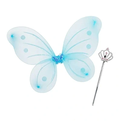 Afbeelding van Relaxdays feeen vleugels met toverstaf fee kostuum vleugel en schepter elfen kind blauw