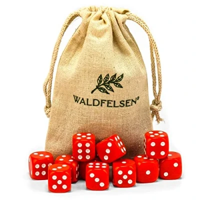 Afbeelding van Waldfelsen® Premium dobbelstenen, 12 stuks, 6, 12, 20, 30 of 50 standaardmaat, 16 mm, acryl, 6 zijdig, met stoffen zak (rood, stuks)